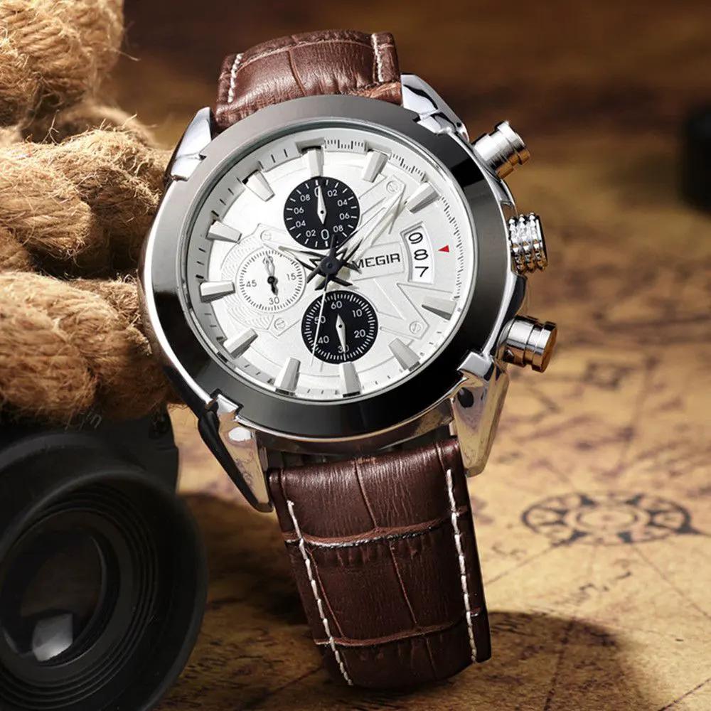 MEGIR Men Watches Original Fashion Leather Quartz Wristwatch Waterproof Male Big Dial Sports Military Chronograph Clock Reloj Hombre 2020 by MEGIR WATCH GROUP