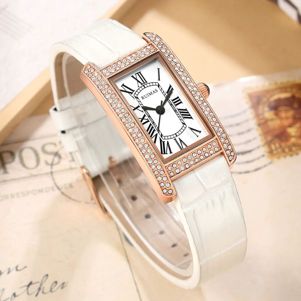RUIMAS Brand Wrist Watches For Women Square Rose Gold WristWatch Fashion Luxury Leather Female Casual Ladies Quartz Watch Clock 335 by MEGIR WATCH GROUP