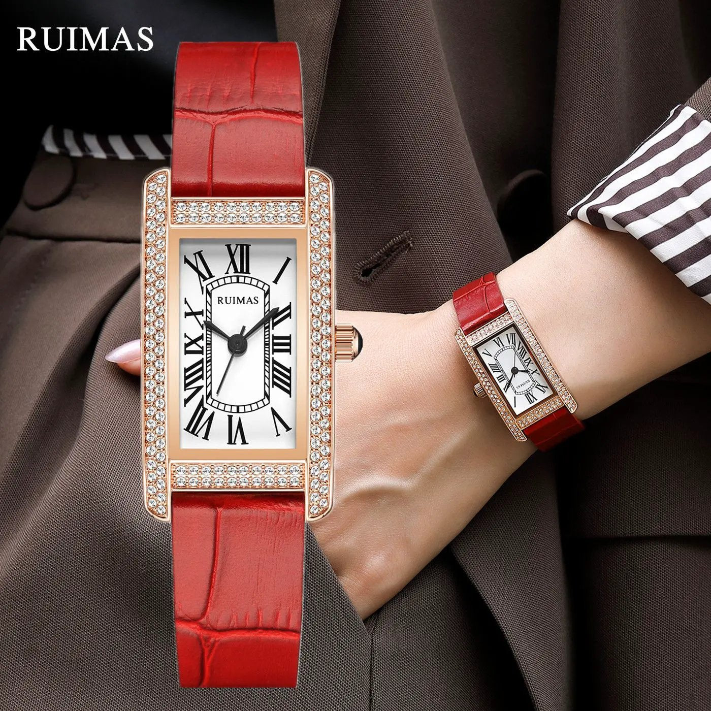 RUIMAS Brand Wrist Watches For Women Square Rose Gold WristWatch Fashion Luxury Leather Female Casual Ladies Quartz Watch Clock 335 by MEGIR WATCH GROUP