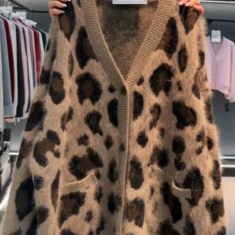Leopard Print Thick Warm Coat Loose Lazy Knitted Cardigan Sweater by Maiden-Art
