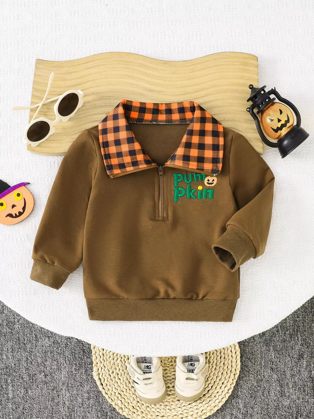 Children's Pumpkin Quarter-Zip Plaid Collar Sweatshirt by Trendsi
