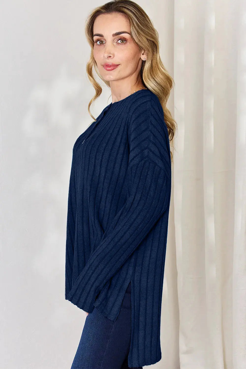 Basic Bae Full Size Ribbed Half Button Long Sleeve High-Low T-Shirt by Basic Bae