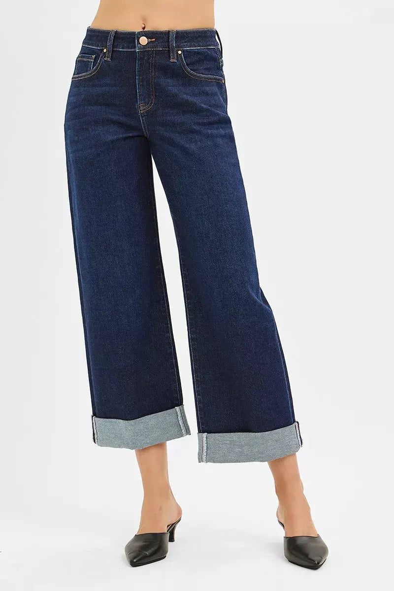 RISEN Mid Rise Fit Ankle Wide Roll Up Jeans by RISEN
