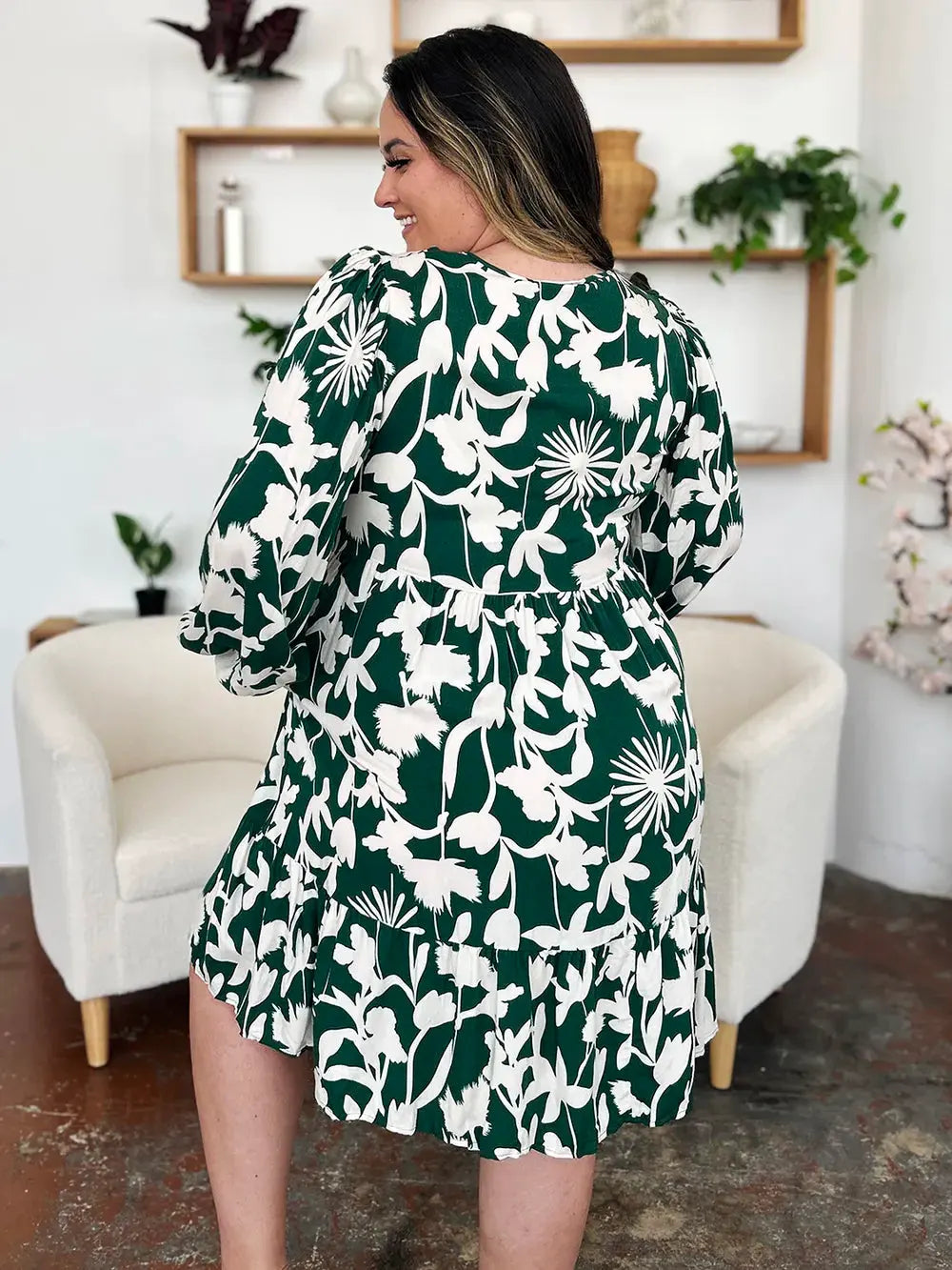 Double Take Full Size Printed Ruffle Hem Dress with Pocket by Double Take