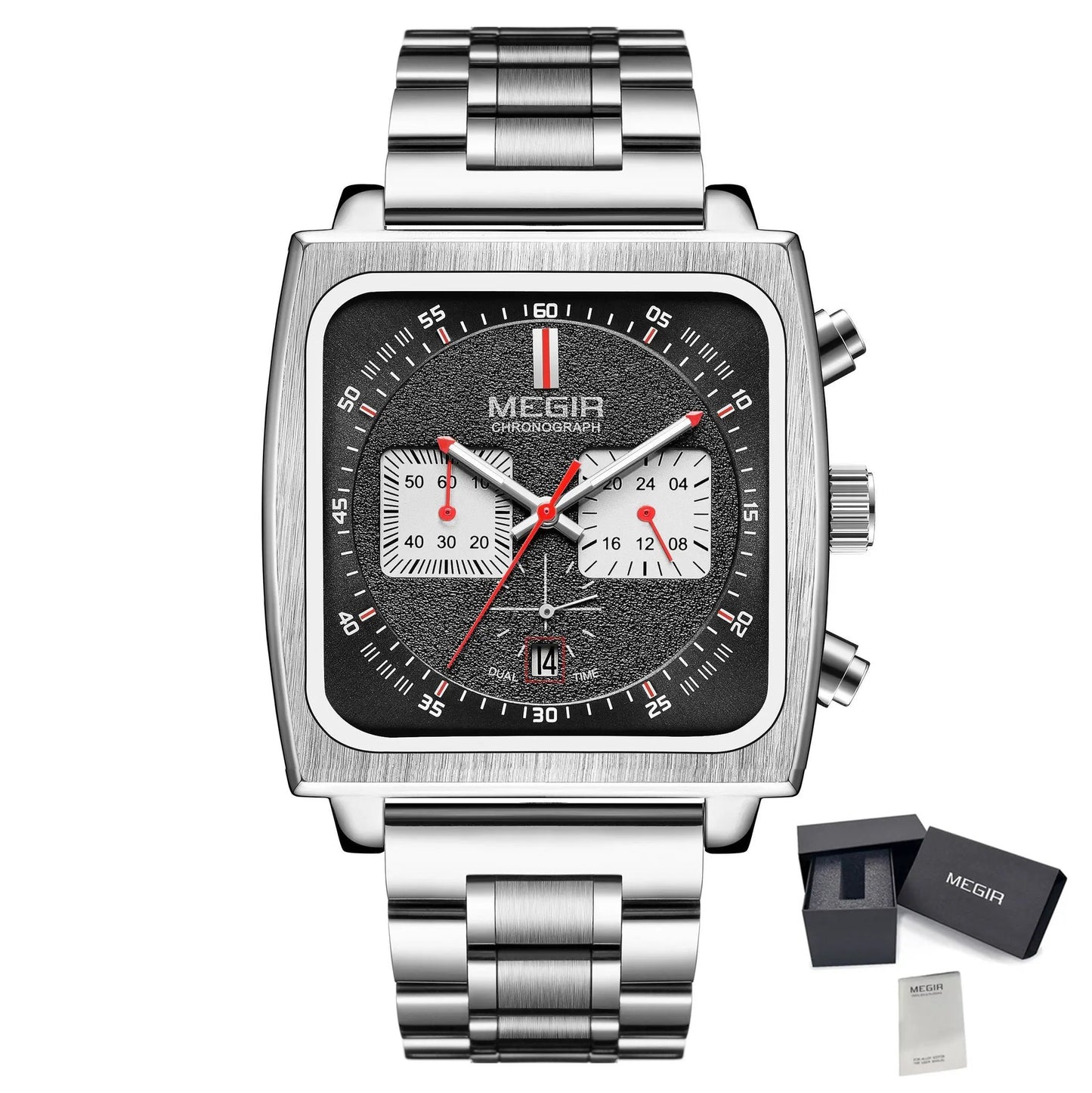 MEGIR Watches for Men Luxury Black Sports Casual Chronograph Waterproof Calendar Square Dial Wristwatches with Date Clock 2182 by MEGIR WATCH GROUP