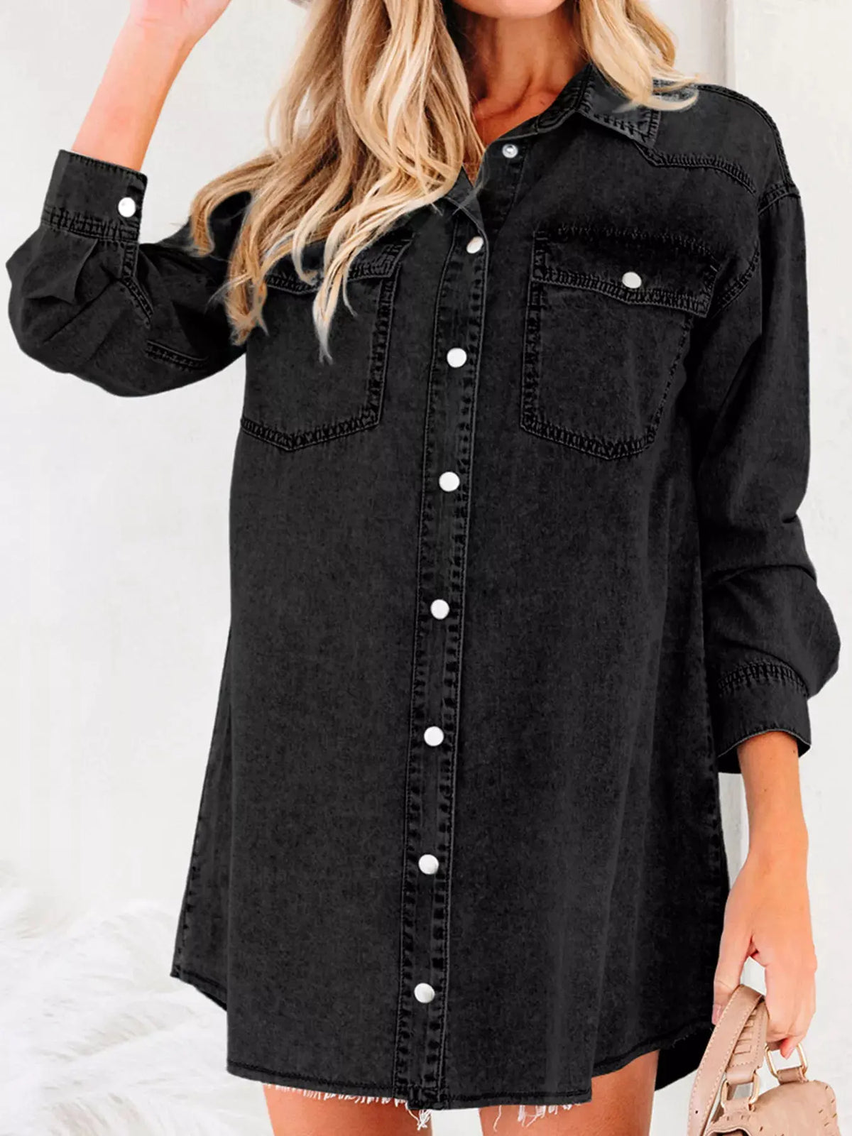Chest Pocket Raw Hem Denim Loose Shirt Dress by Partner Label