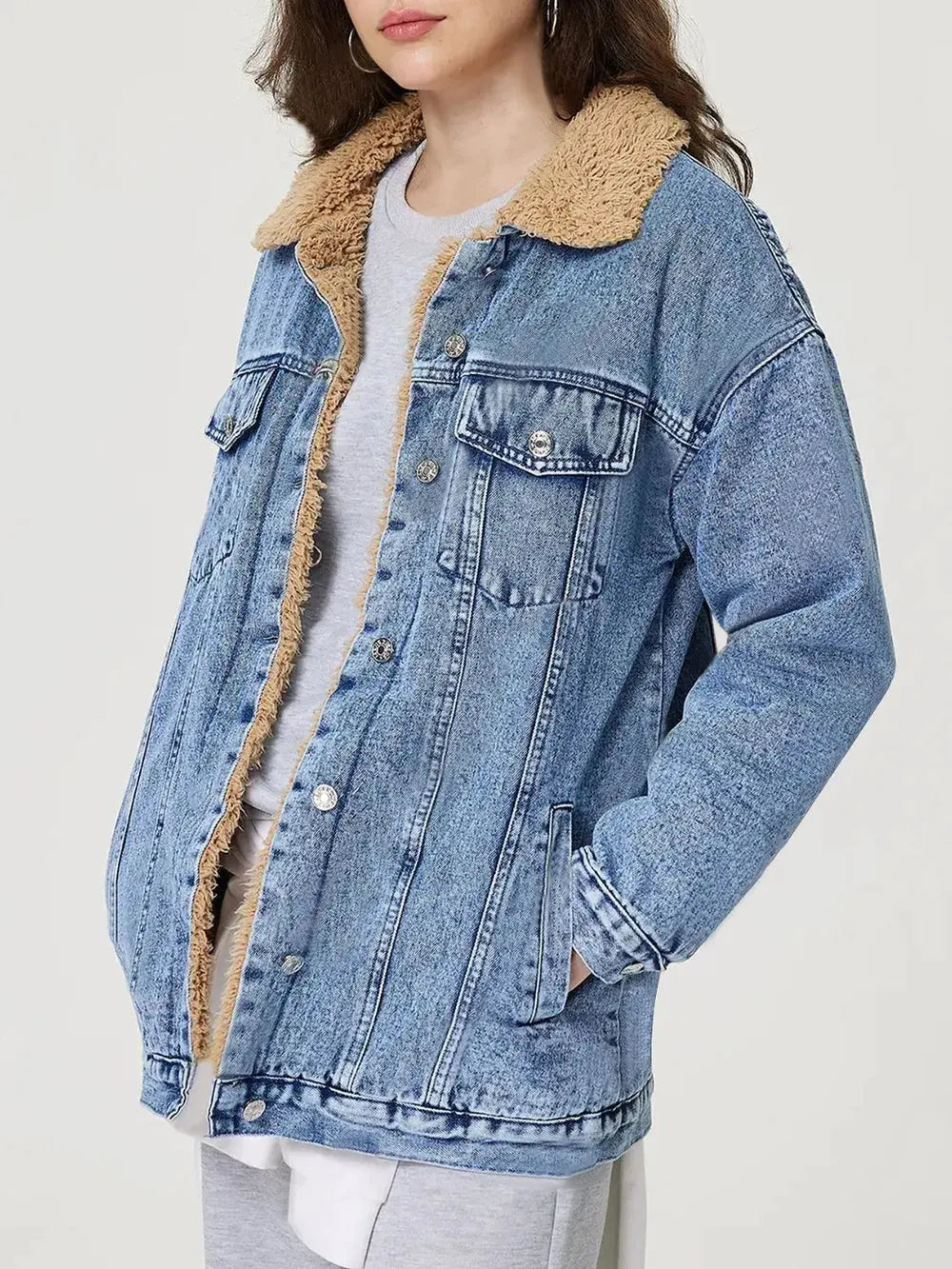 Button Up Collared Neck Plush Denim Jacket by Partner Label