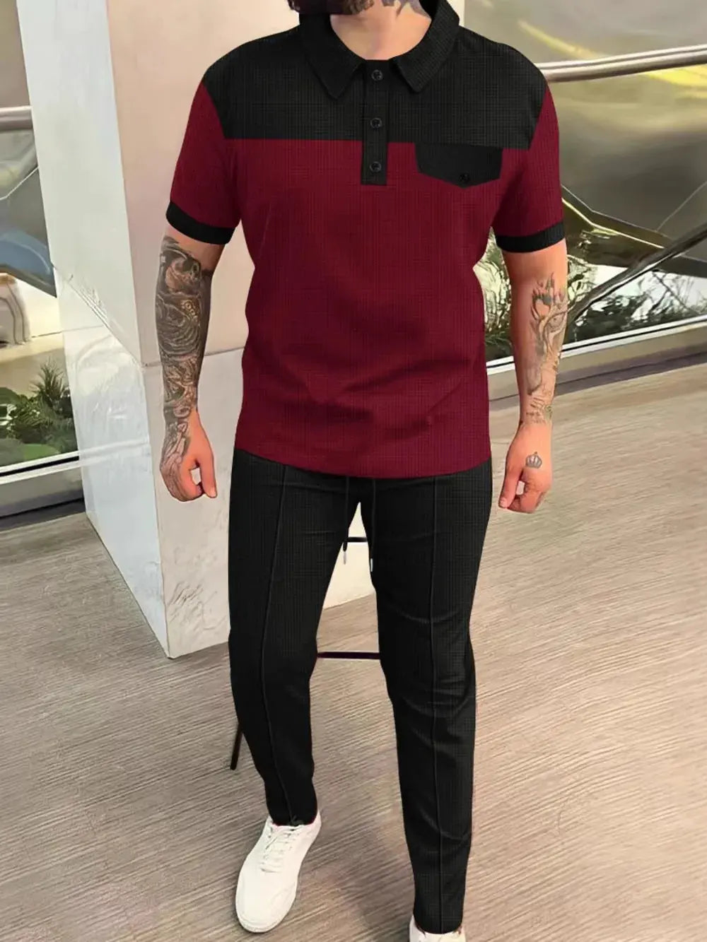 Men‘s Full Size Waffle-Knit Contrast Top and Pants Set Plus Size by Trendsi