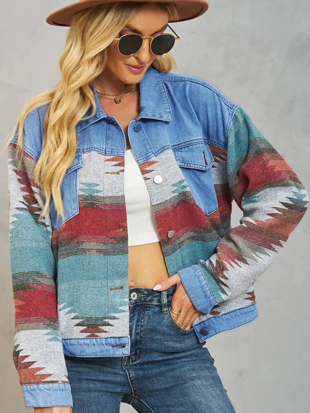 Geometric Button Up Dropped Shoulder Denim Jacket by Partner Label
