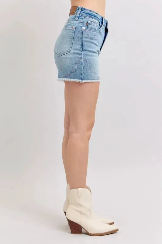 Judy Blue Full Size High Waist Western Embroidery Detail Cut Off Denim Shorts Plus Size by Judy Blue