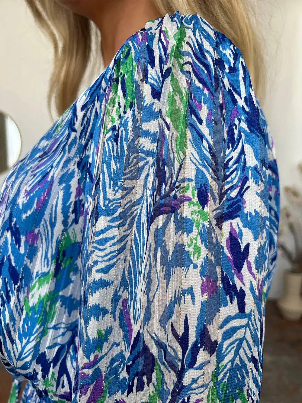 Double Take Full Size Printed Drawstring Waist Long Sleeve Dress by Double Take
