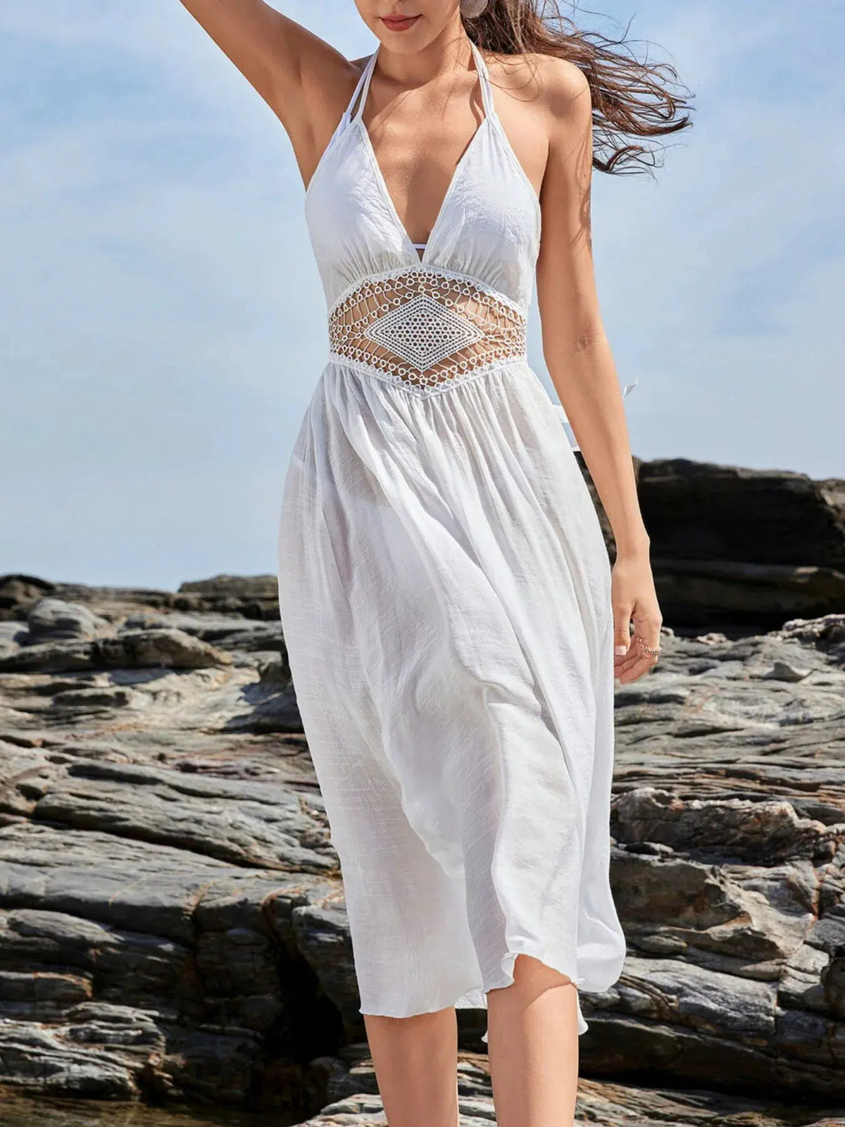 Crochet Waist Halter Sleeveless Cover-Up Dress by Partner Label