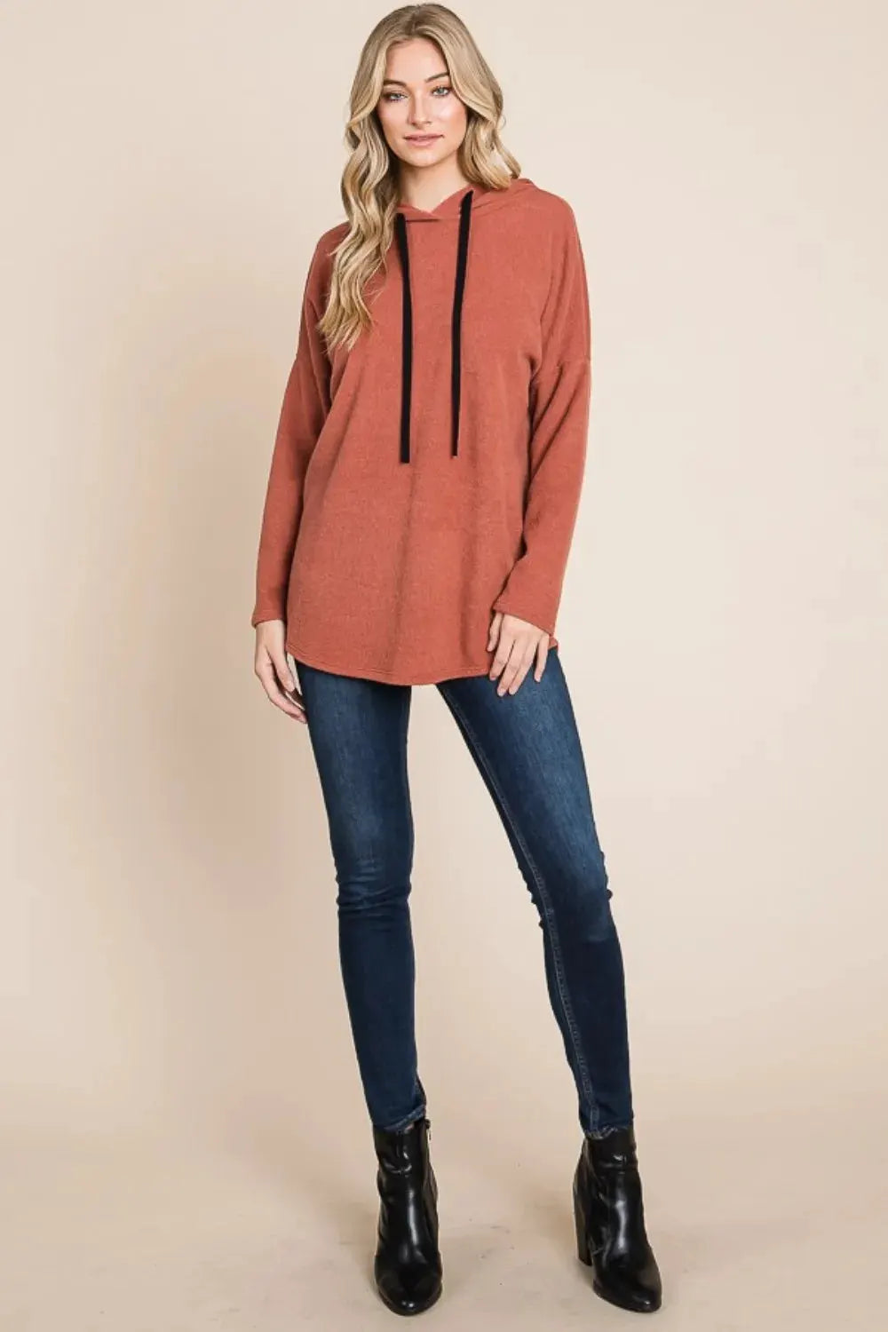 BOMBOM Contrast Drawstring Drop Shoulder Knit Hoodie by BOMBOM