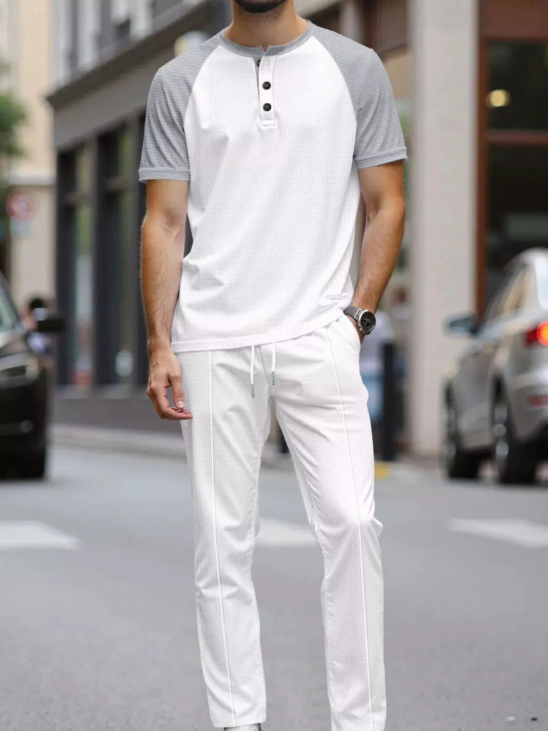 Men's Full Size Casual Two-Tone Raglan Sleeve Tee and Pants Set Plus Size by Trendsi