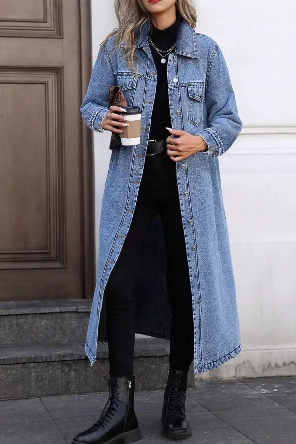 Longline Button-Down Denim Jacket by Partner Label