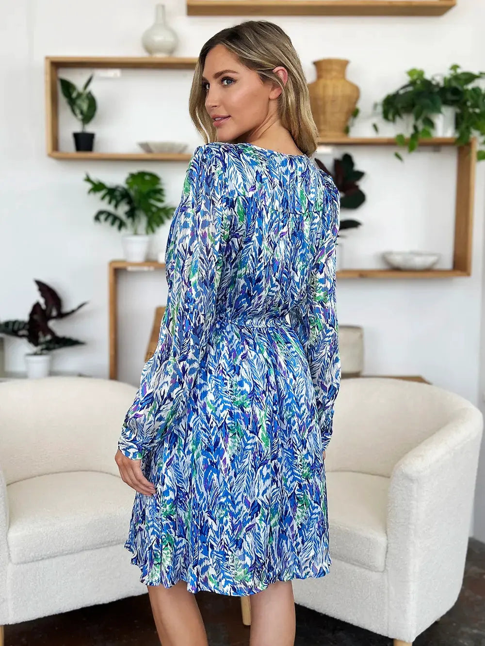 Double Take Full Size Printed Drawstring Waist Long Sleeve Dress by Double Take