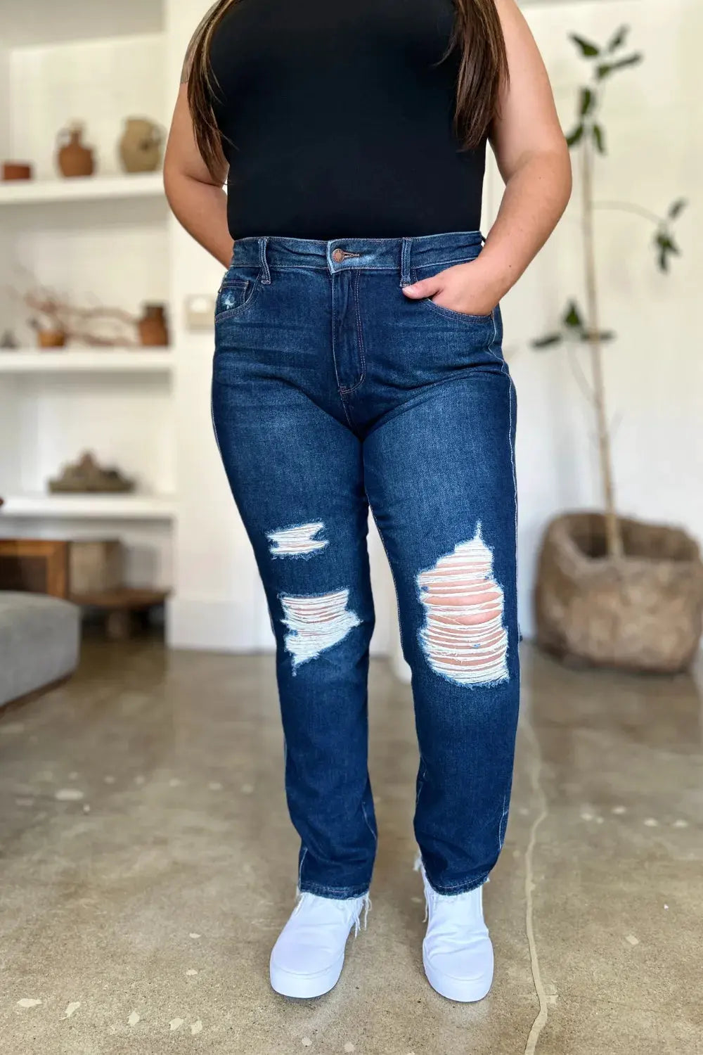 Judy Blue Full Size High Waist Rigid Magic Heavy Destroy Straight Jeans by Judy Blue