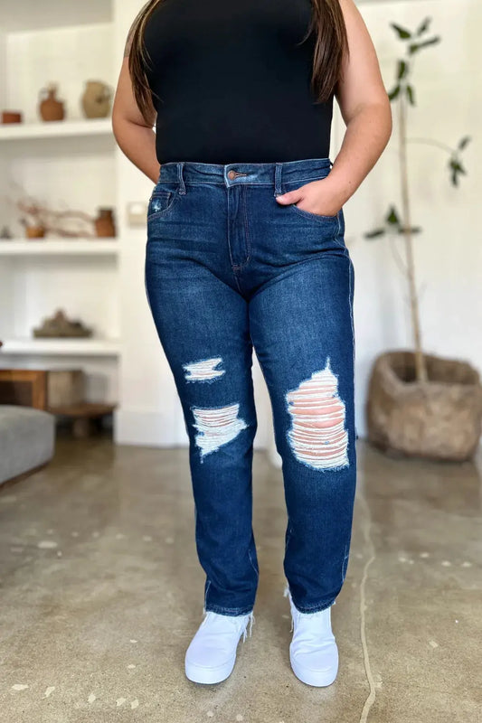Judy Blue Full Size High Waist Rigid Magic Heavy Destroy Straight Jeans by Judy Blue