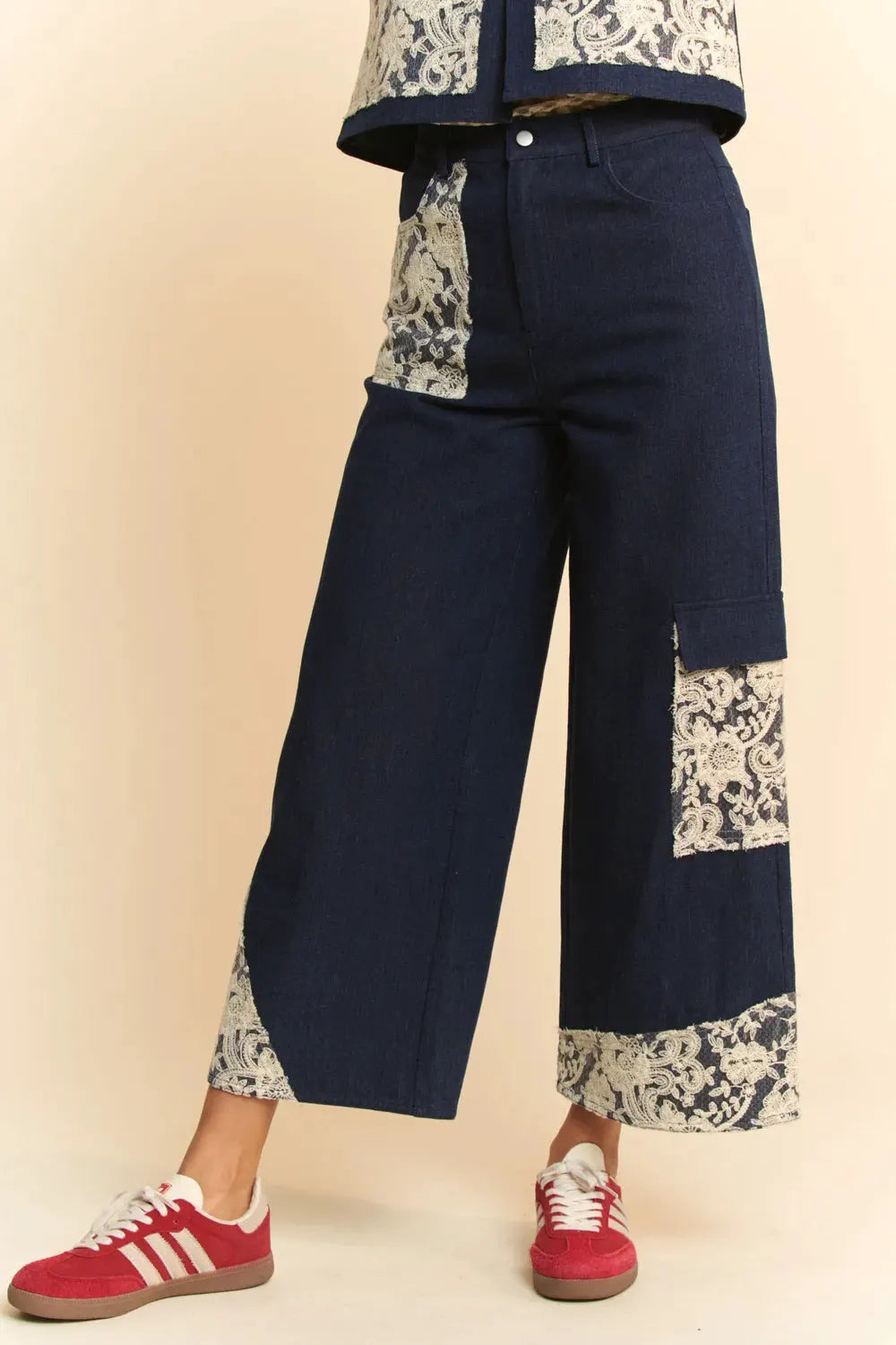 Davi & Dani Lace Applique Wide Leg Jeans by Davi & Dani