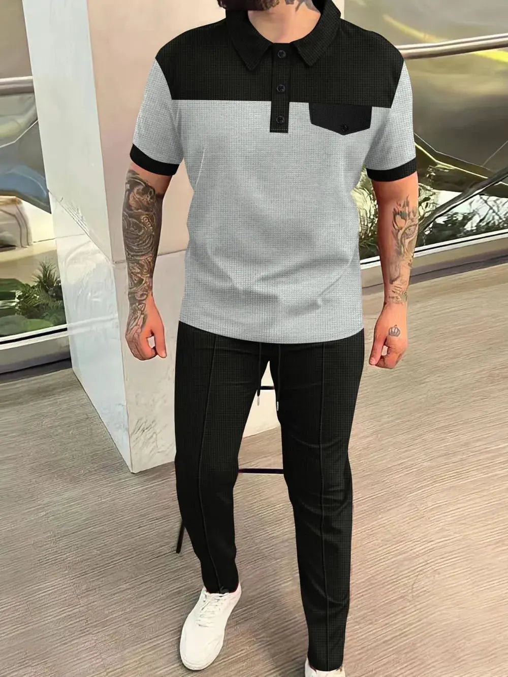 Men‘s Full Size Waffle-Knit Contrast Top and Pants Set Plus Size by Trendsi