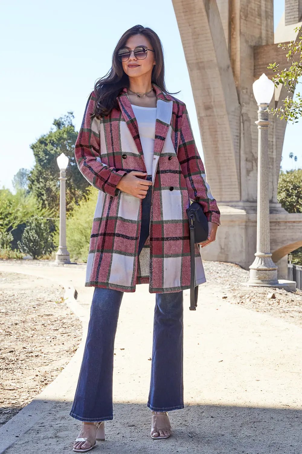 Double Take Full Size Plaid Button Up Lapel Collar Coat by Double Take