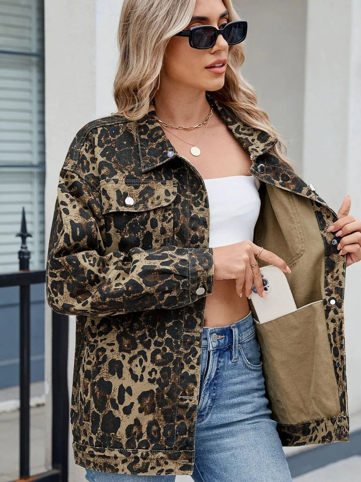 Leopard Print Oversized Denim Jacket by Partner Label