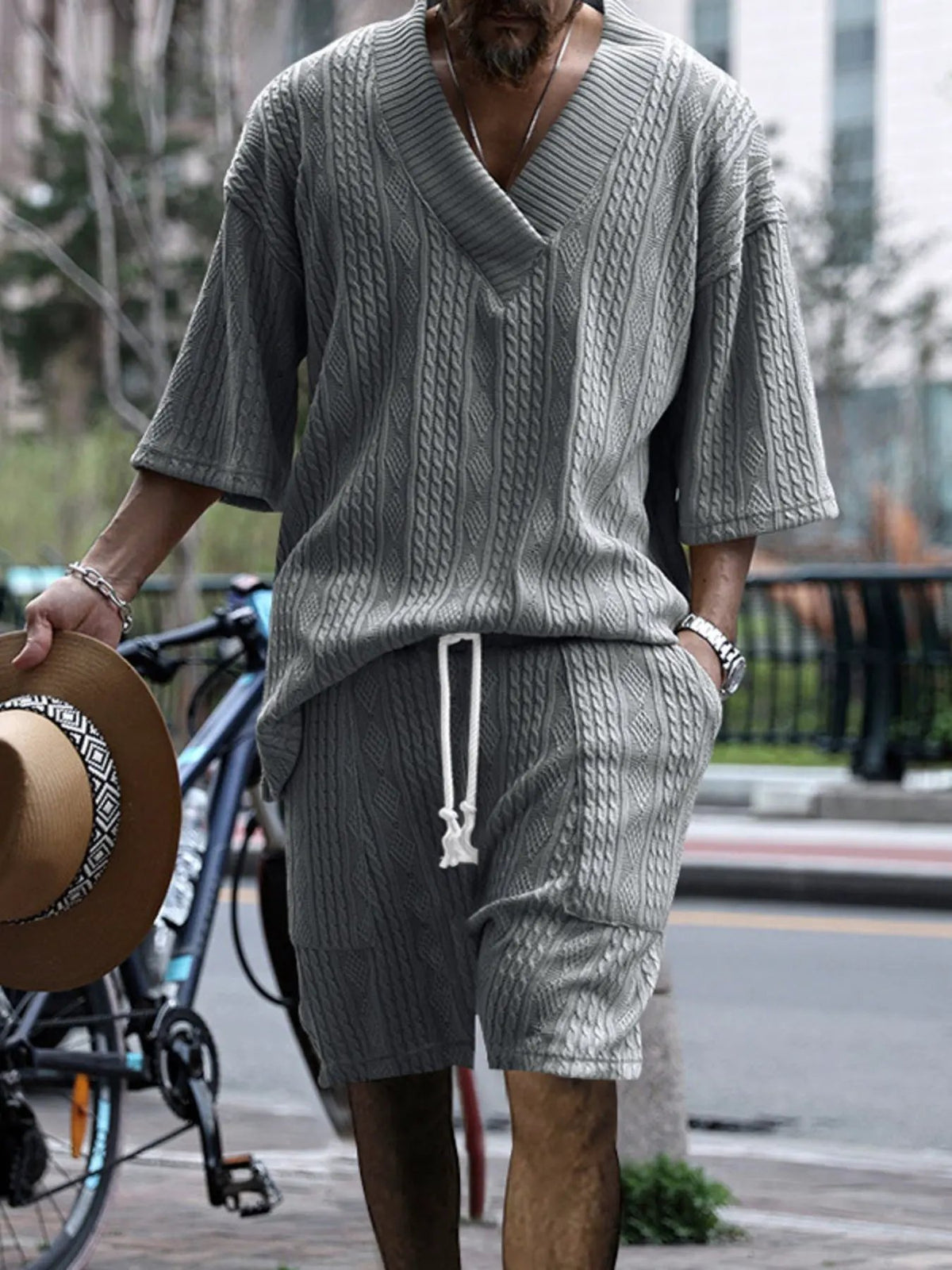 Men's Full Size Casual Knit V-Neck Short Sleeve Top and Shorts Set Plus Size by Trendsi