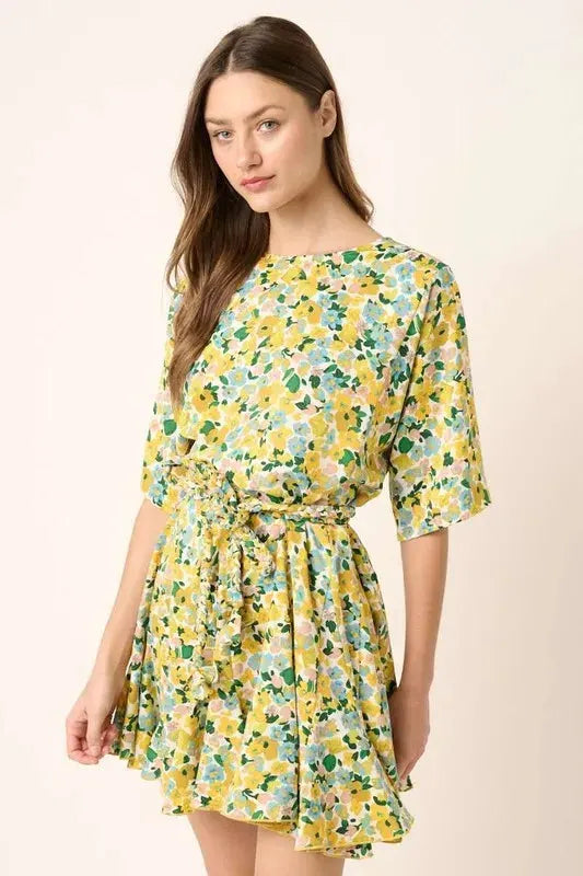 Mittoshop Floral Tie Waist Half Sleeve Mini Dress by Mittoshop