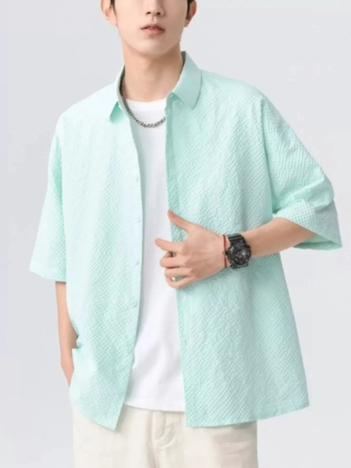 Men's Full Size Textured Short-Sleeve Shirt Plus Size by Trendsi