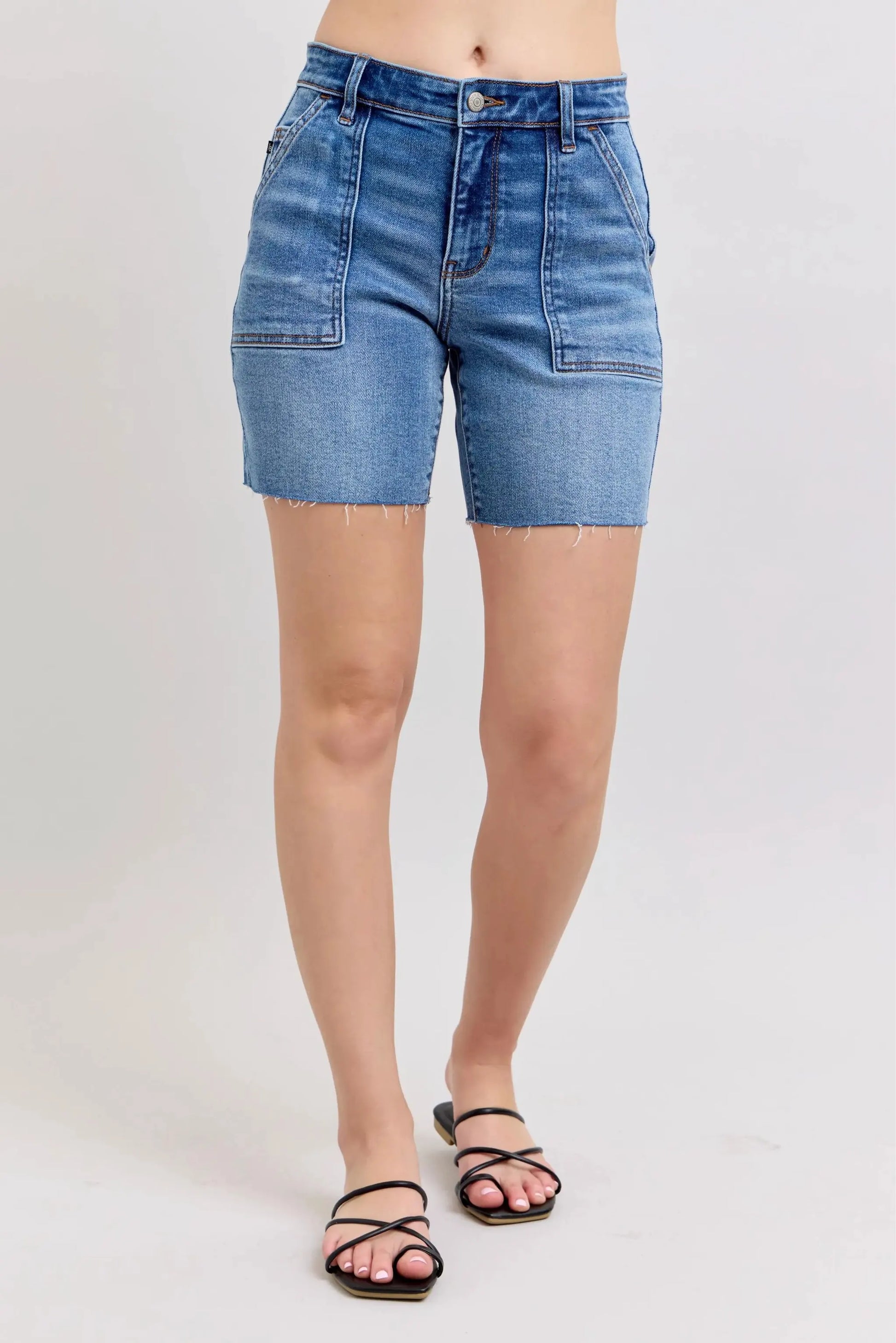 Judy Blue Full Size Mid Rise Bermudas Denim Shorts W/ Back Flap Pockets Plus Size by Judy Blue