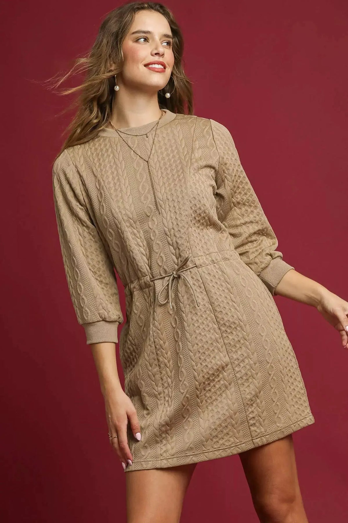 Umgee Drawstring Cable Knit Mini Dress with Pockets by Umgee