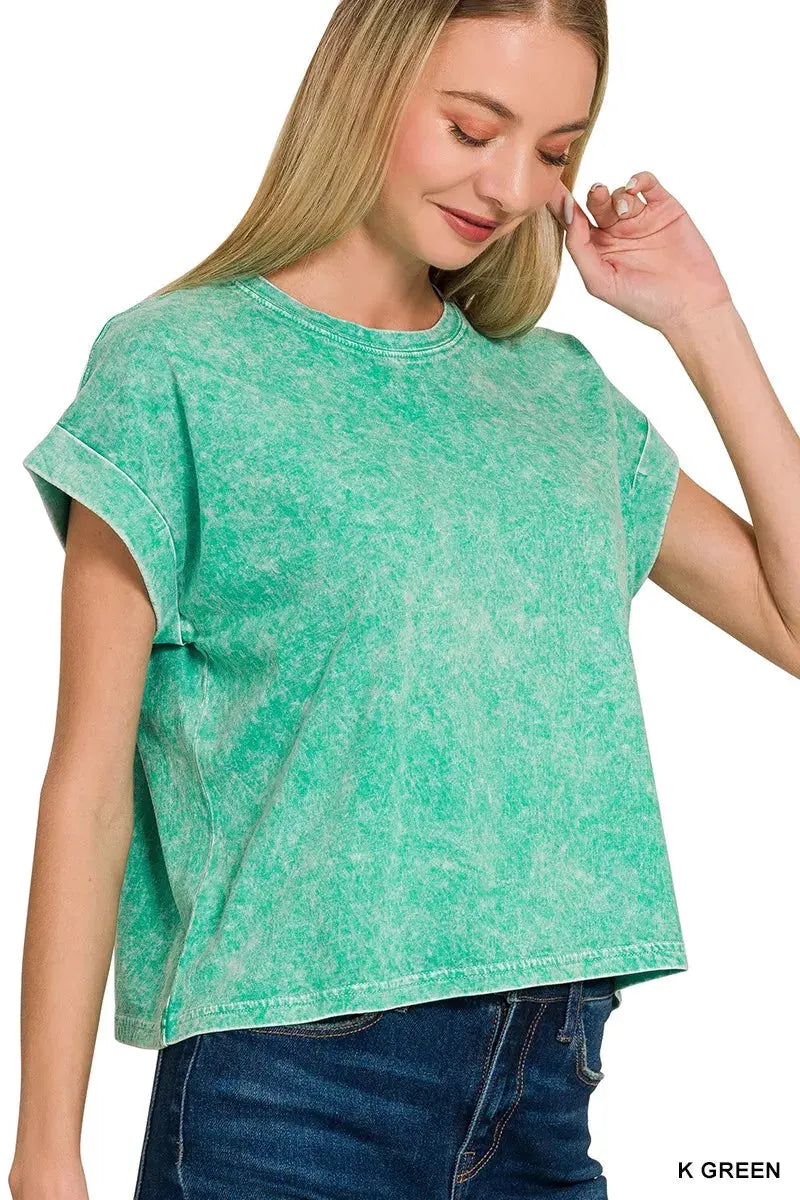 Zenana Halo Washed Cotton Cuffed Short Sleeve Top by Zenana