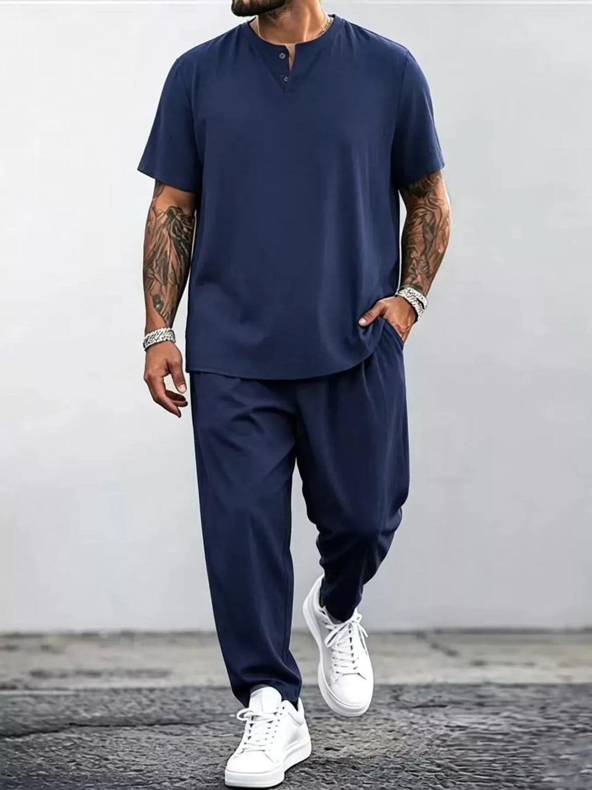 Men's Plus Size Casual Short Sleeve Top and Pants Set by Trendsi
