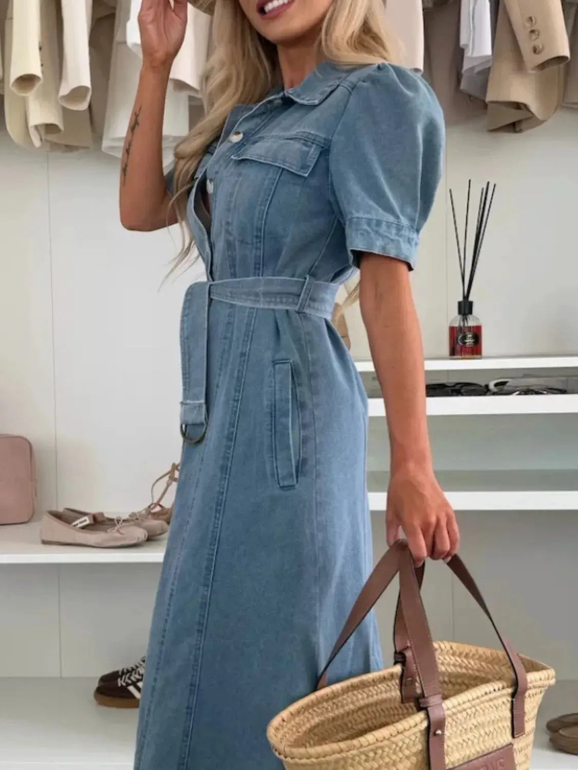 Puff Sleeve Button Down Belted Denim Midi Dress by Partner Label