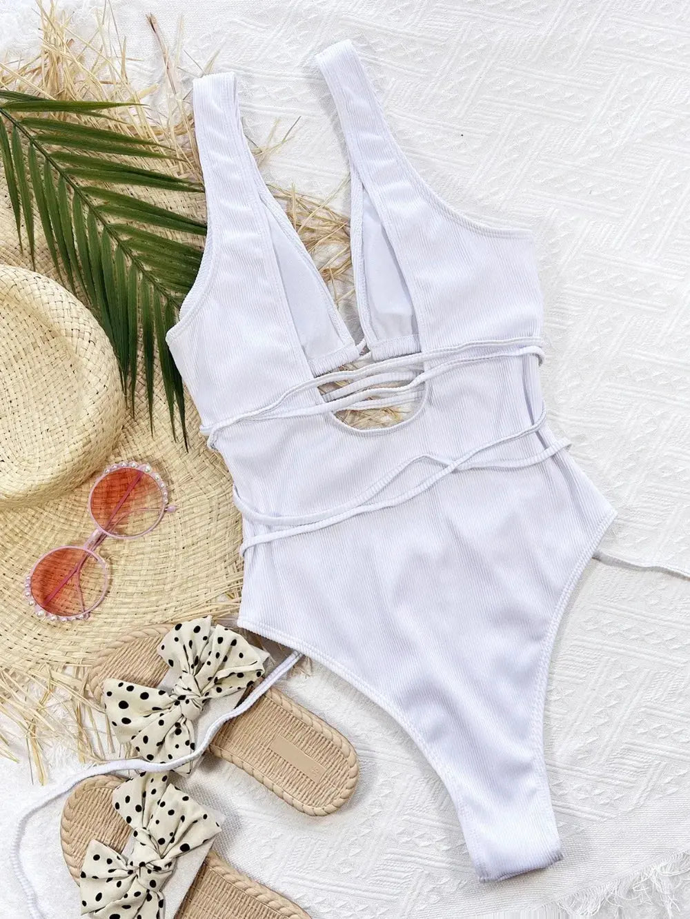 Ribbed Lace Up One-Piece Swimsuit by Partner Label