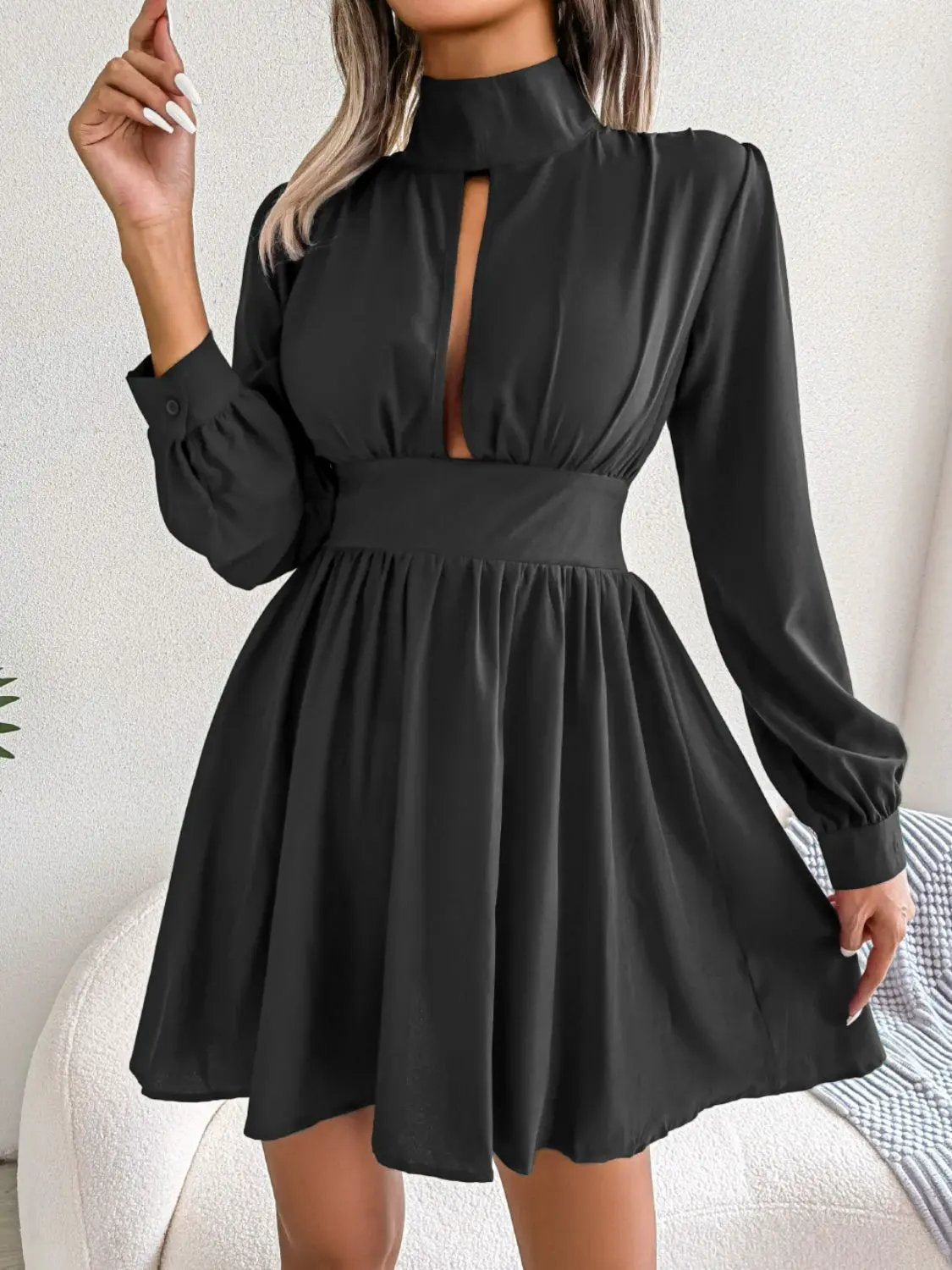 Cutout Turtleneck A-Line Mini Dress by Partner Label