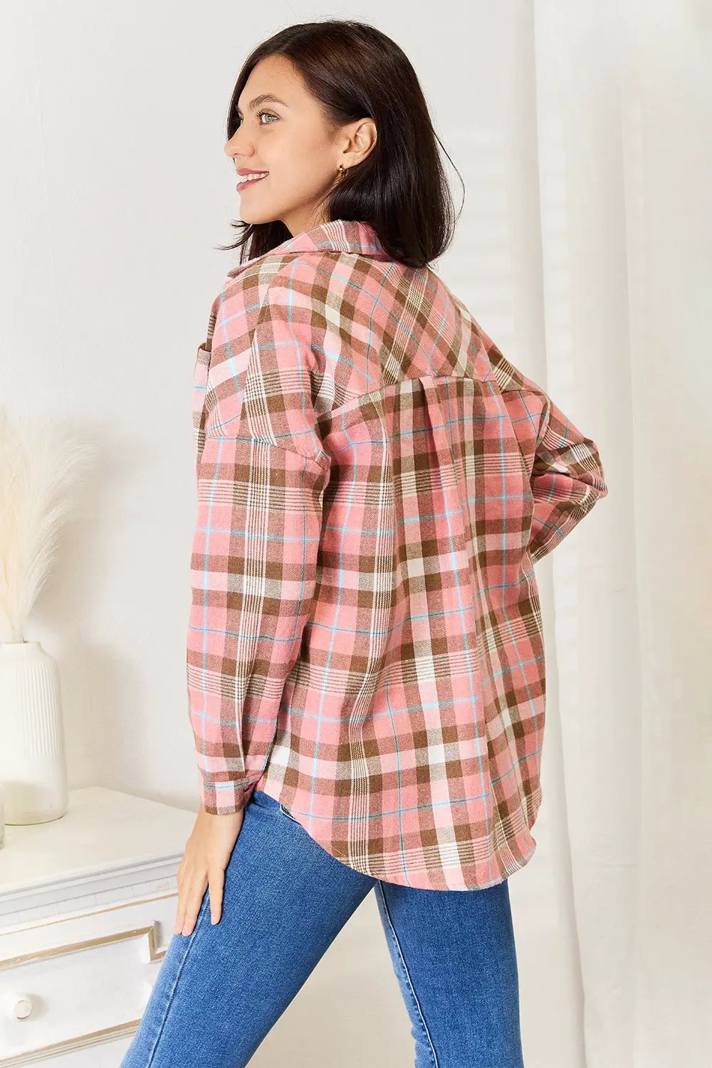 Double Take Plaid Collared Neck Long Sleeve Button-Up Shirt by Double Take