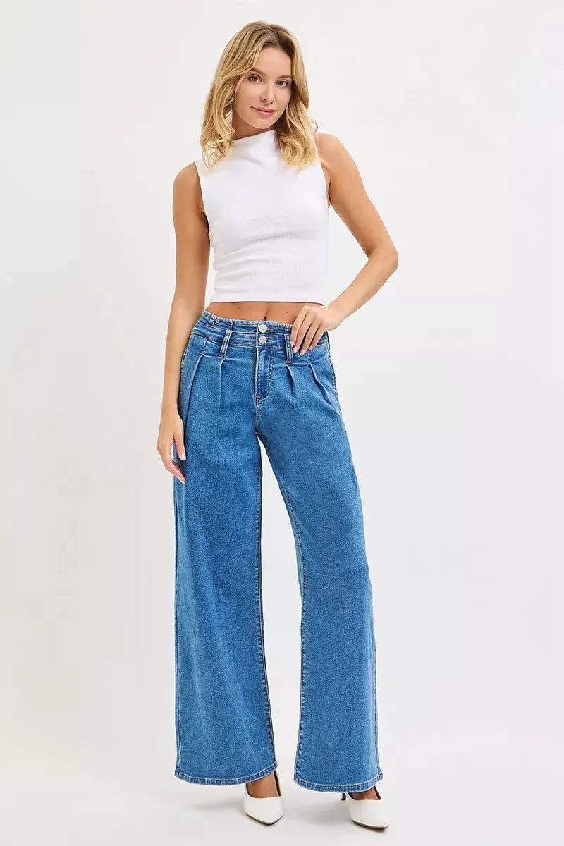RISEN Full Size Mid Rise Fit Wide Leg with Pleated Detail Jeans Plus Size by RISEN