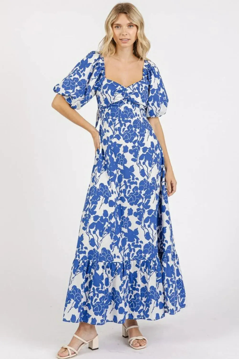 Mittoshop Cutout Back Floral Sweetheart Neck Puff Sleeve Dress by Mittoshop