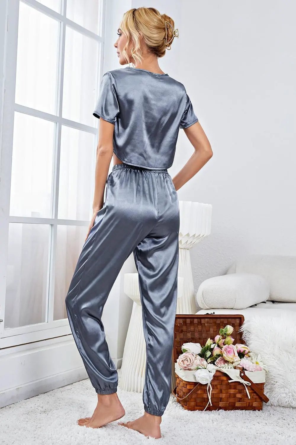Satin Short Sleeve Crop Top and Joggers Lounge Set by Partner Label