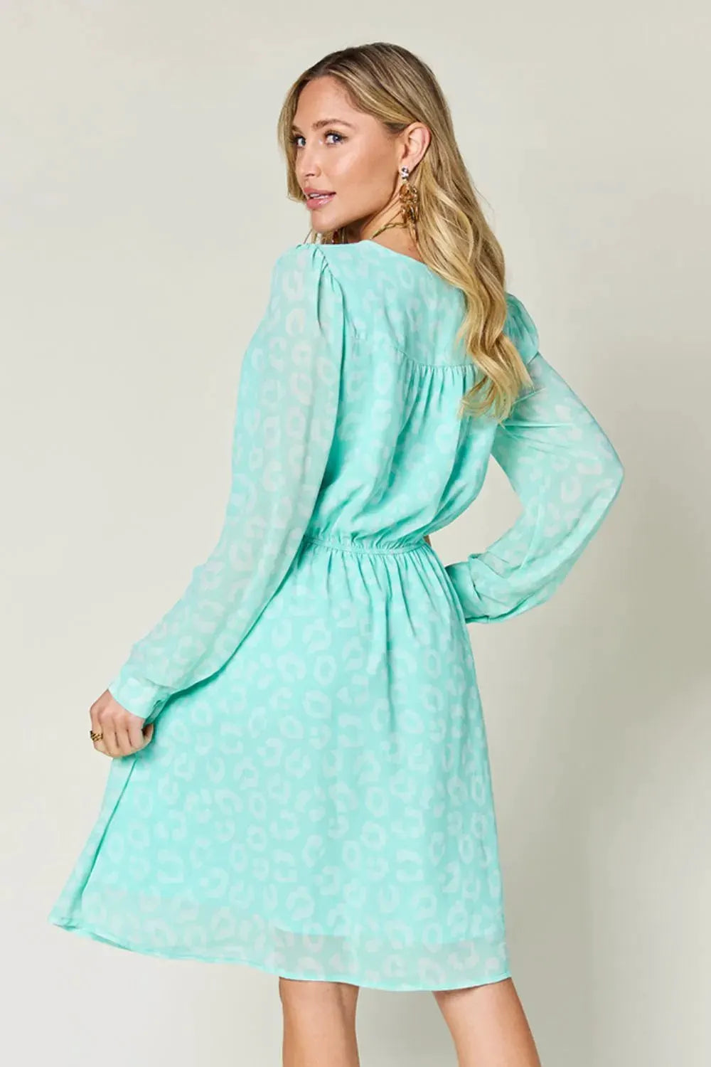 Double Take Full Size Printed Ruched V-Neck Long Sleeve Dress by Double Take