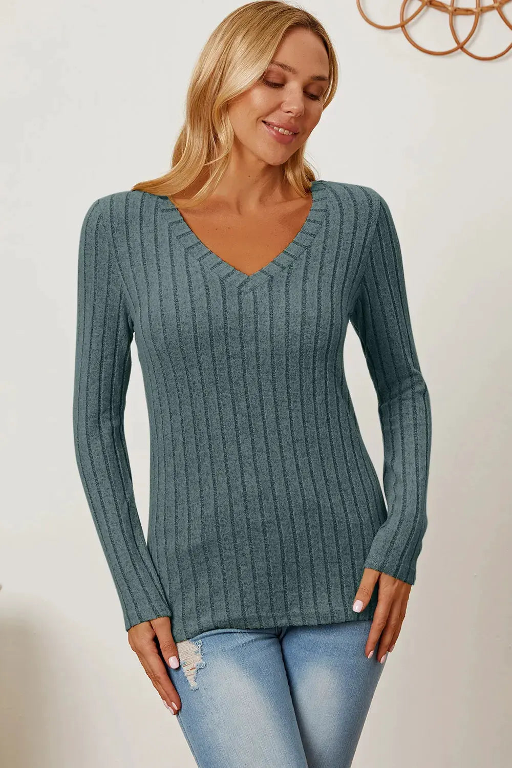Full Size Ribbed V‑Neck Long Sleeve T‑Shirt | Partner Labels Selection by Partner Label