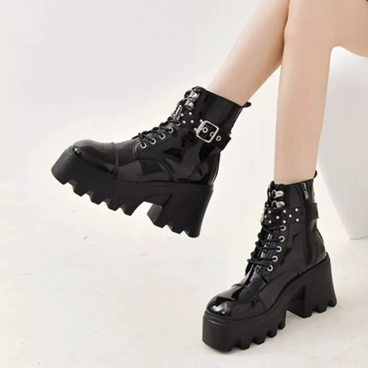 Platform Ankle Boots with Buckle and Studded Detail by Partner Label