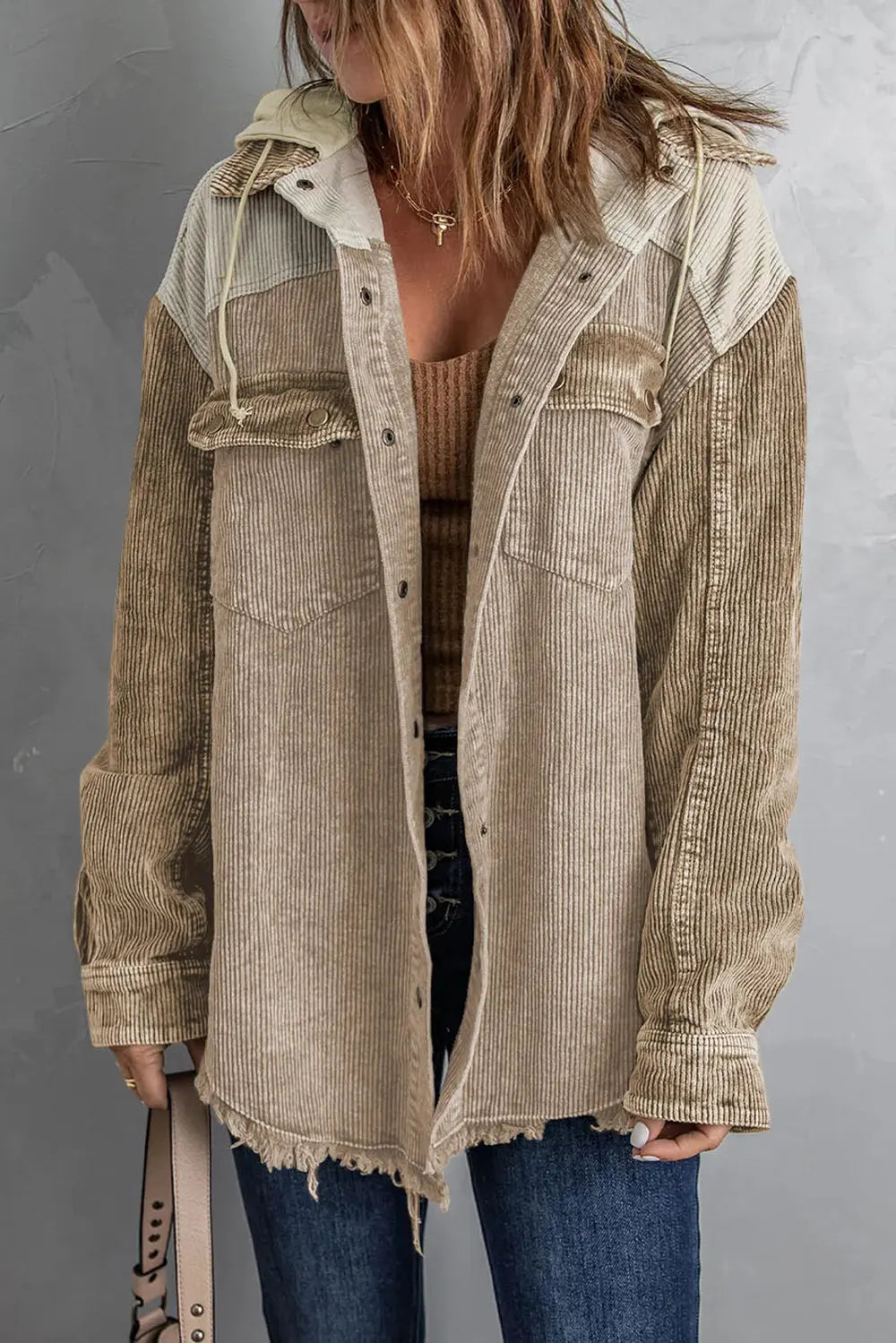 Snap Front Hooded Corduroy Shacket by Partner Label