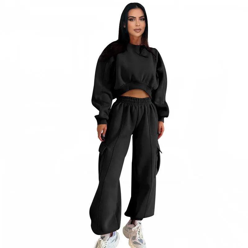 European And American Autumn New Round Neck High Waist Sweater Pocket Loose Sweatpants Suit by Maiden-Art
