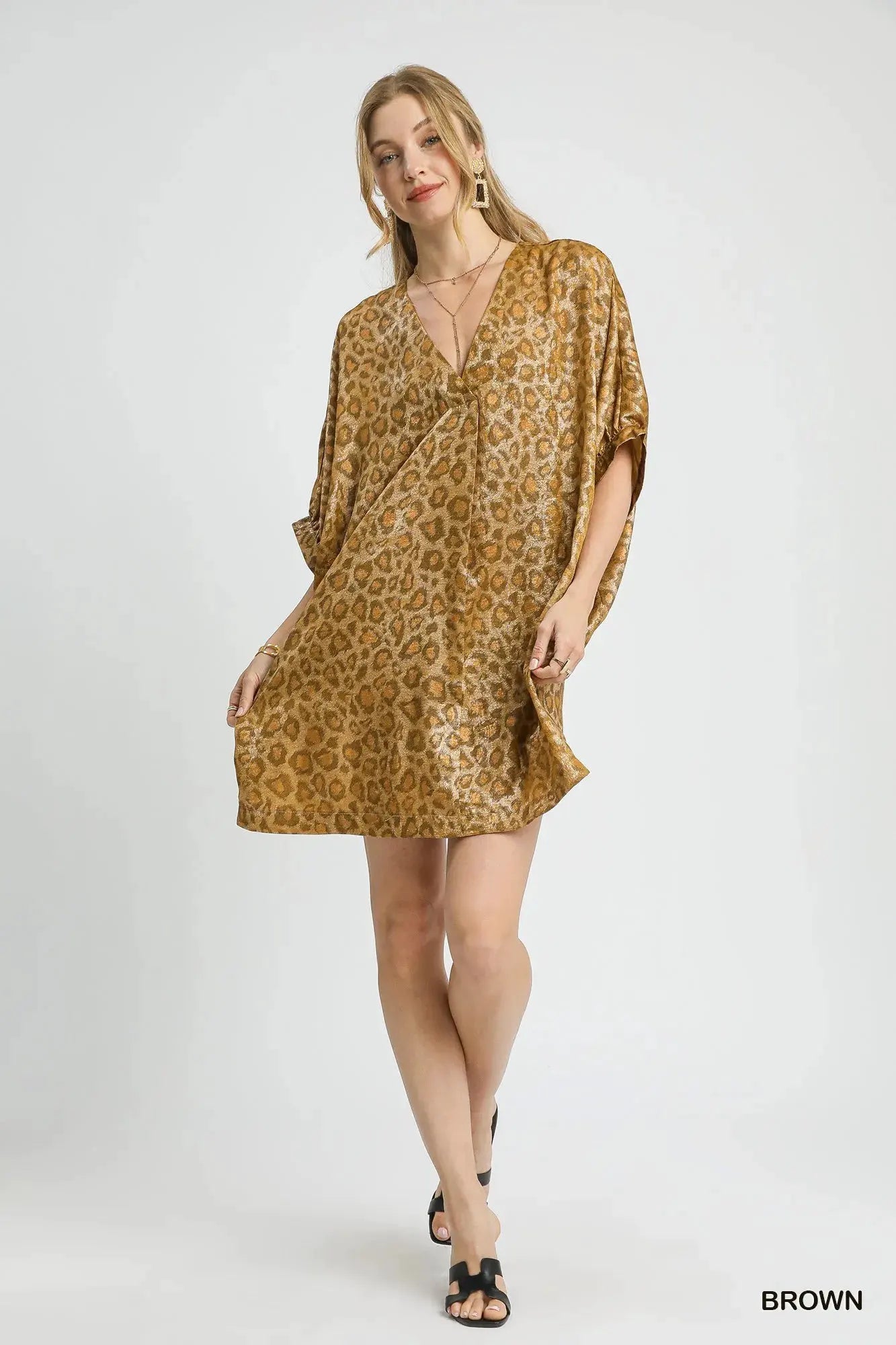 Umgee Metallic Leopard Print V-Neck Kimono Dress by Umgee