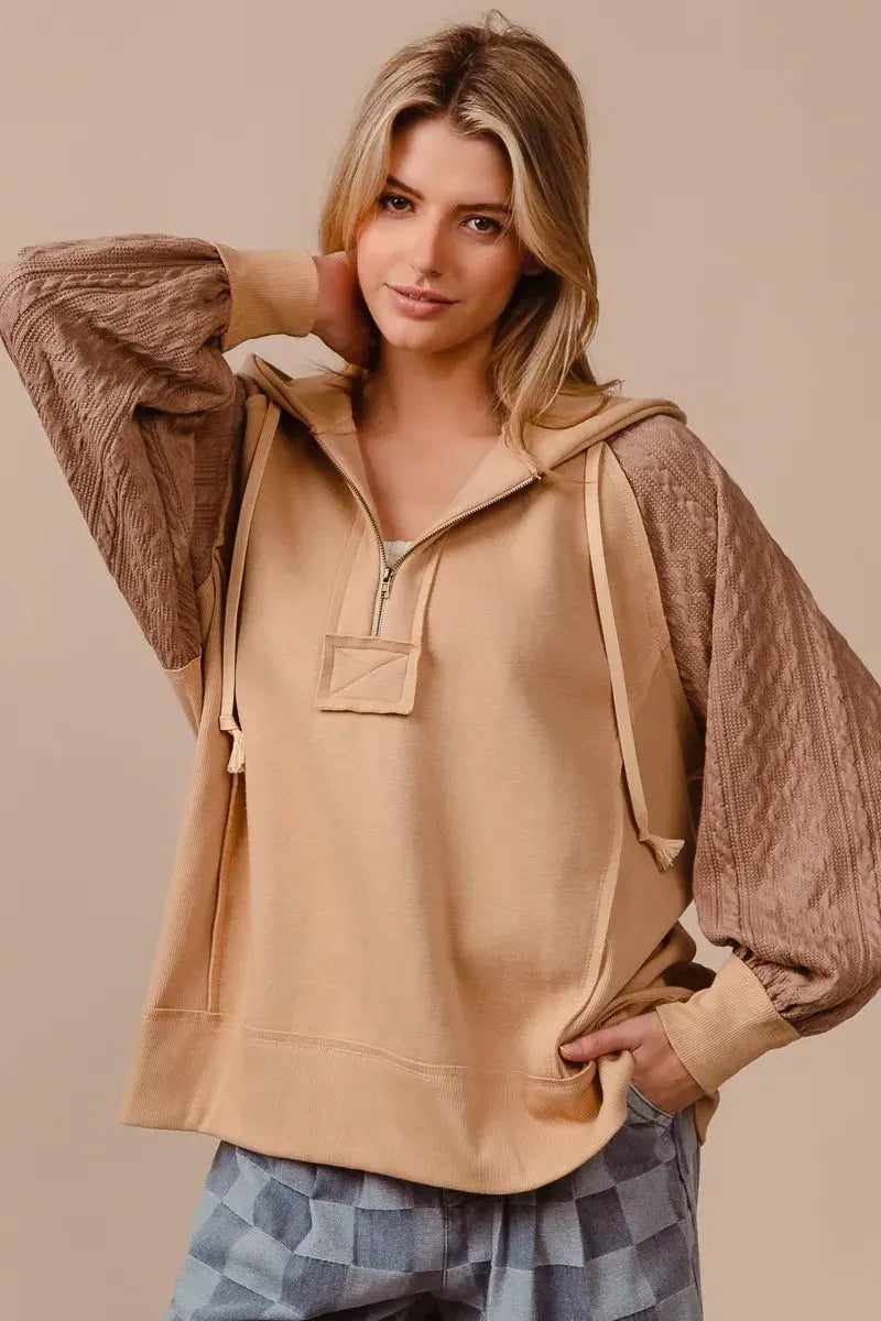 BiBi Half Zip French Terry Hoodie with Kint Sleeves by BiBi