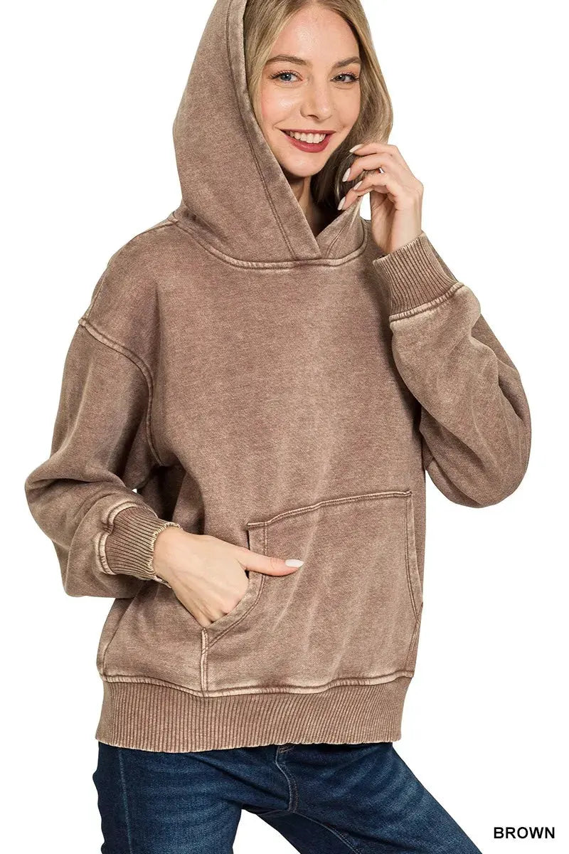 Zenana Fleece Acid Wash Kangaroo Pocket Hoodie by Zenana
