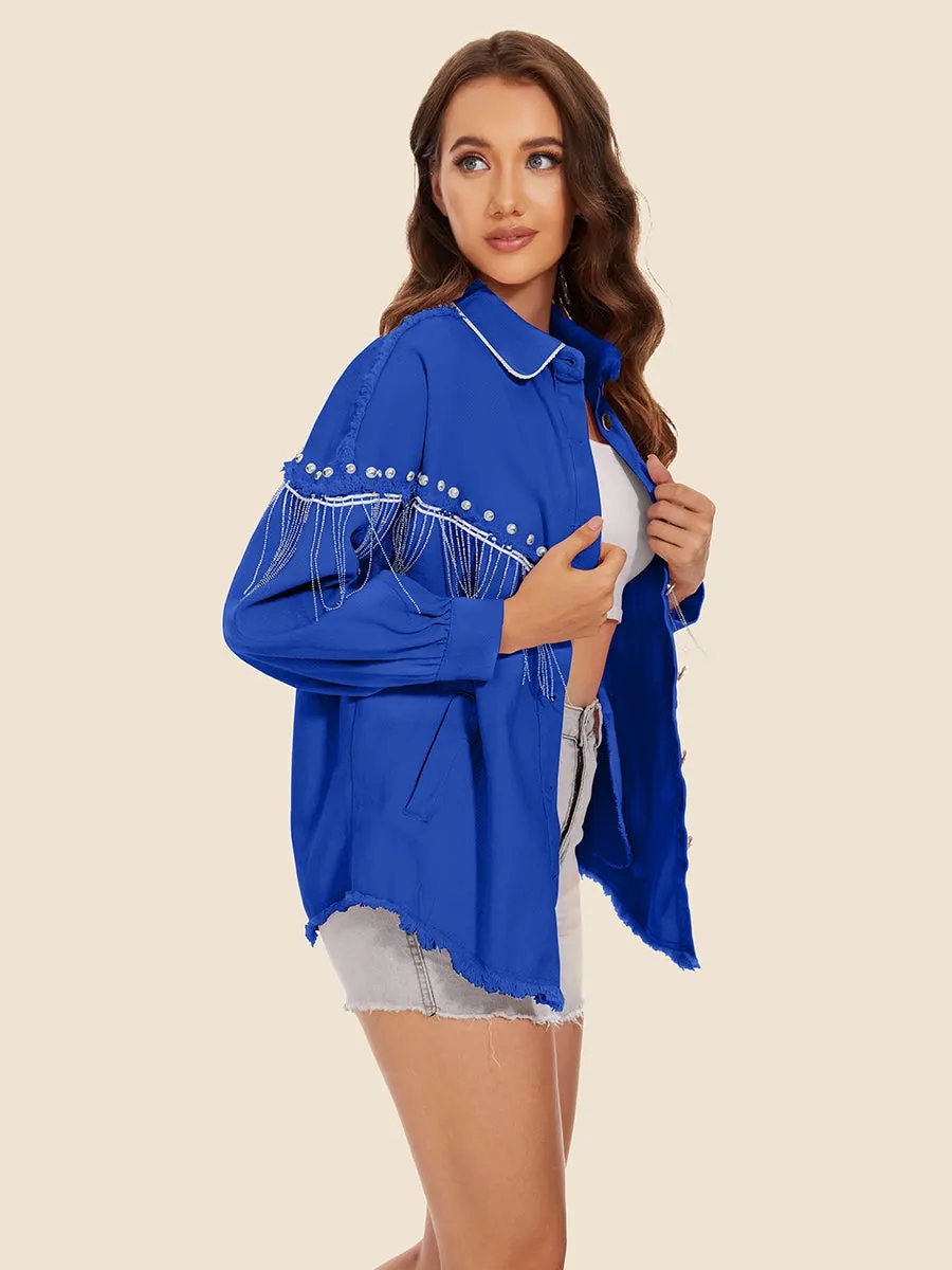 Raw Hem Fringe Detail Denim Jacket by Partner Label