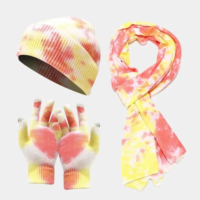 Tie-dye Knitted Hat Gloves Scarf Set Ladies by Maiden-Art